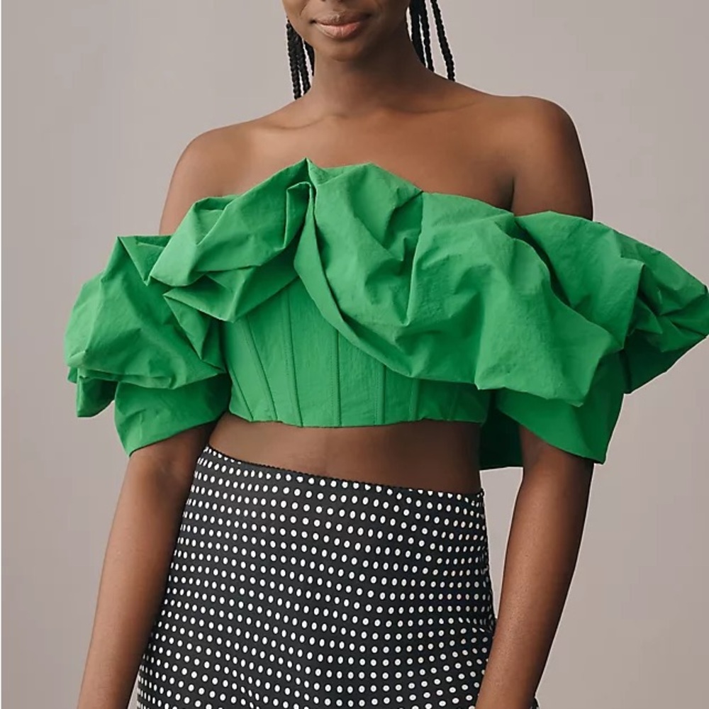 Mac Duggal Green Ruffled Off-Shoulder Crop Top